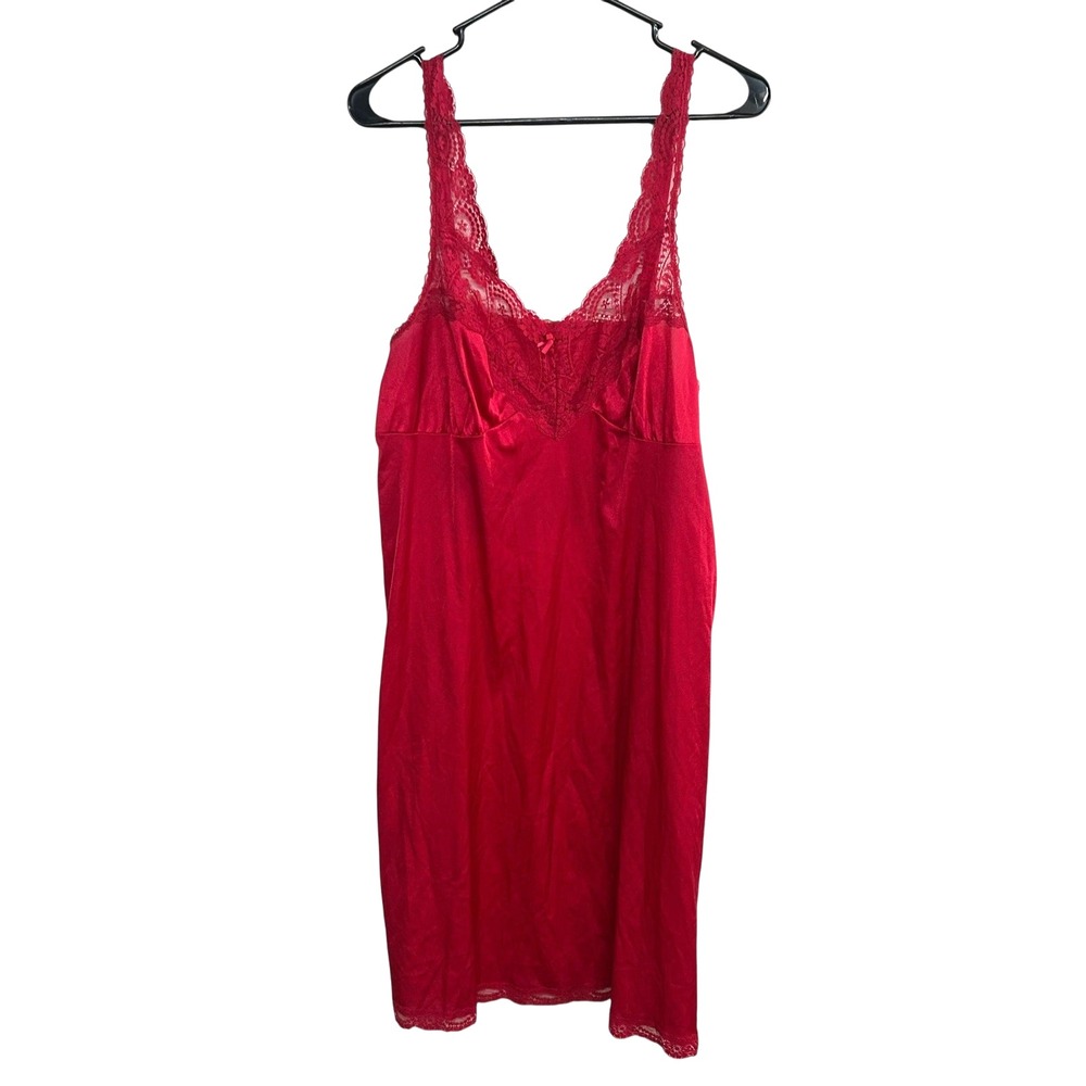 VTG Red Satin Lace Trim Slip Dress‎ L Full Length Romantic Valentine Lingerie